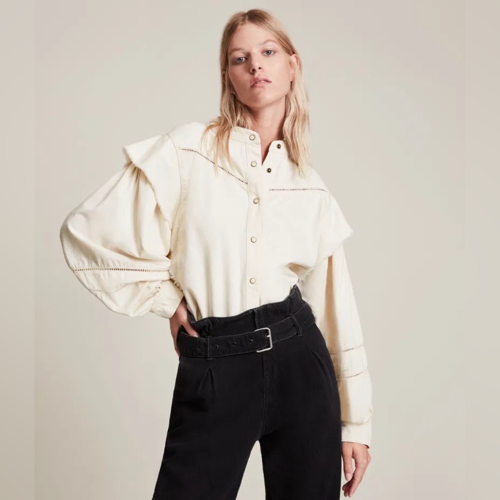 ALLSAINTS Elena Denim Button Front Shirt Statement Sleeve Shoulder Shirt